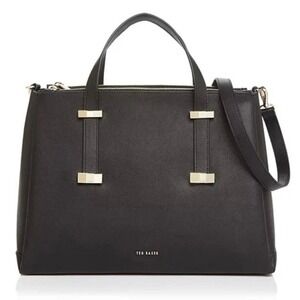 Ted Baker London Black Leather Large Satchel Tote Crossbody Laptop Work Purse